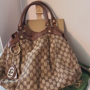 Gucci Sukey Gucci Tan and Brown Monogram Shoulder Bag